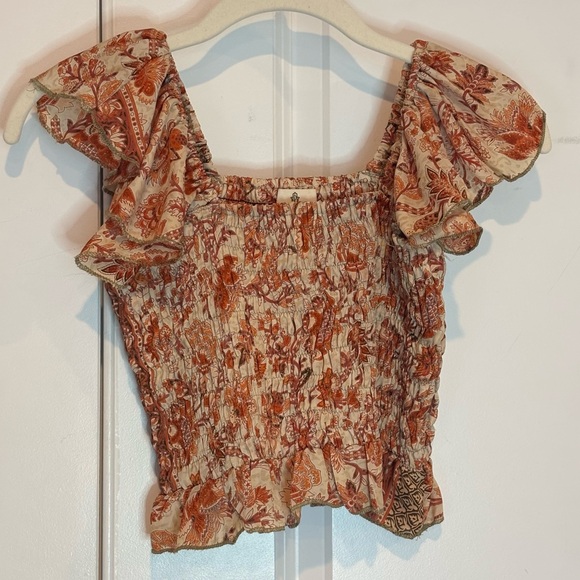 Perry Walker Collective Tops - Perry Walker Collective Orange Tan Floral Ruffle Strap Smocked Top S